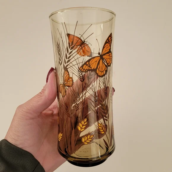 4 Vintage Retro Butterfly Wheat Design Smoked Tall Tumblers Drinking Glasses - Picture 7 of 8